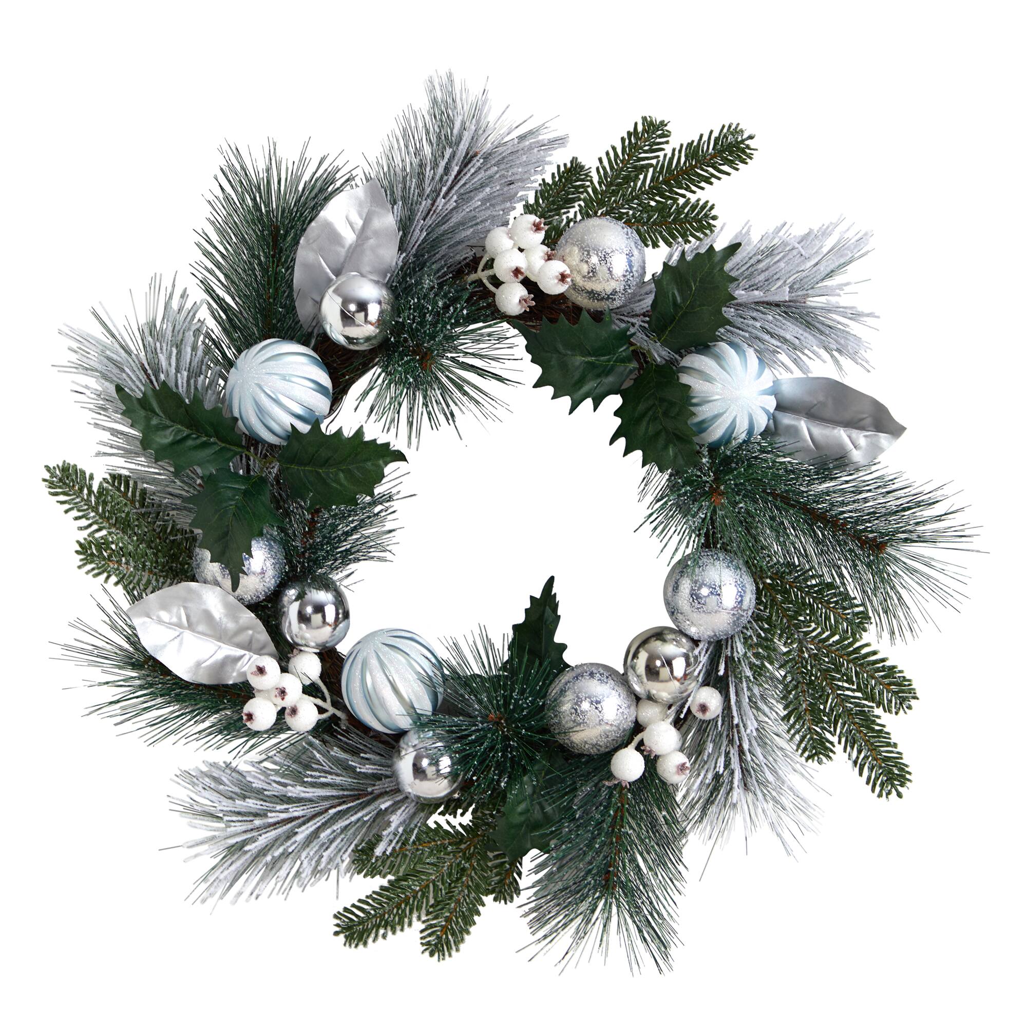 24" Pinecones & Berries Christmas Wreath with Silver Ornaments